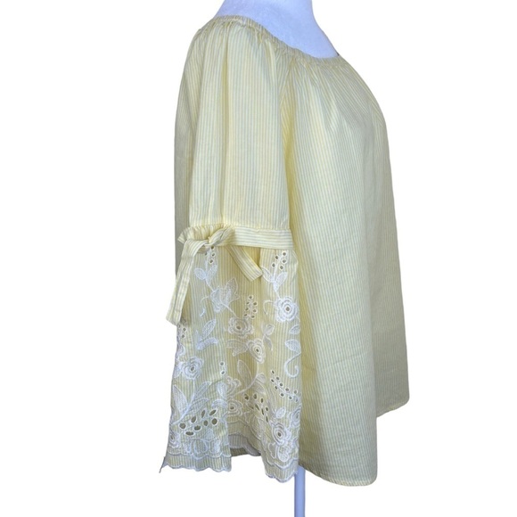 Fever Boho Peasant Blouse with Embroidered Bell Sleeves Yellow White Striped L - Picture 4 of 15